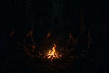 A dark photo of people around a campfire